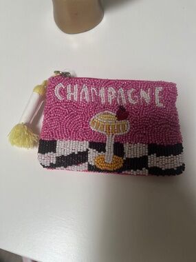 Pink Champagne Beaded Coin Purse Zip Pouch Cocktail Tassel